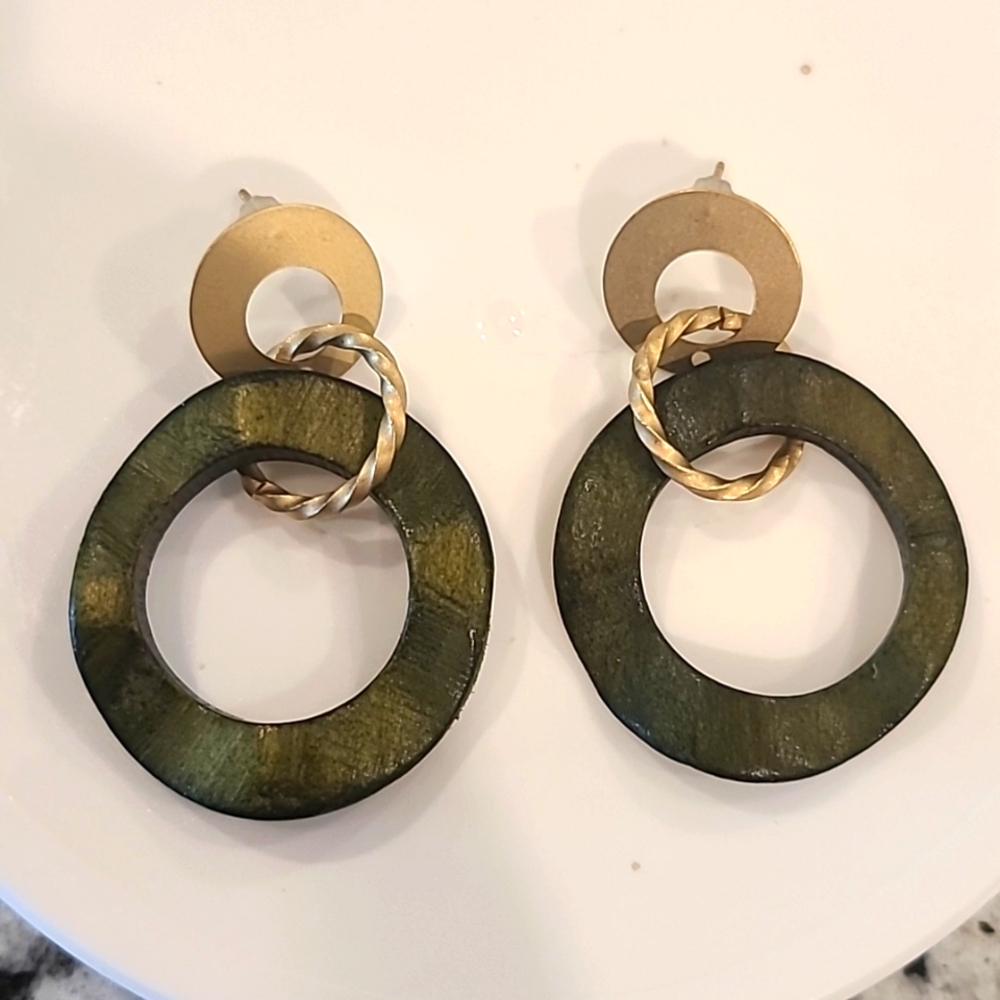 Olive green and gold wooden earrings